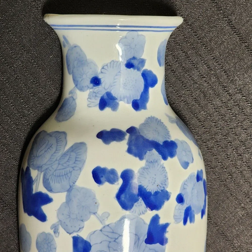 Vintage Ceramic Blue and White Floral Flat Wall Vase